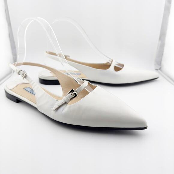 Prada White Leather Mary Jane Slingback Flats Pointed Toe Size 37.5 - Picture 2 of 16